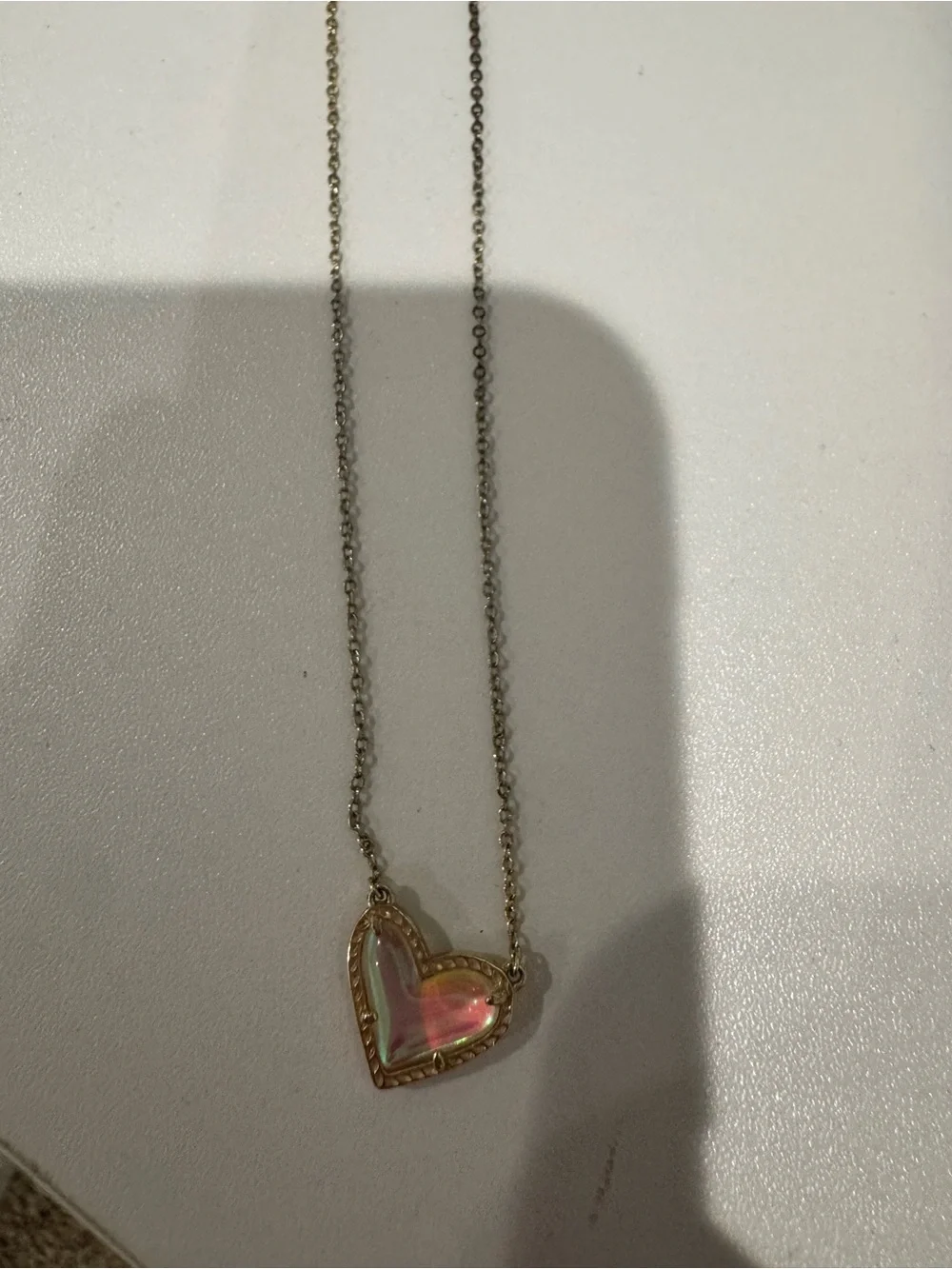 Gold Heart Pendant Necklace with Pink Opalescent Inlay